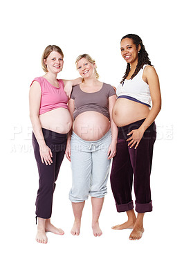 Buy stock photo Pregnant, happy and diversity women pregnancy portrait, mother to be with wellness success smile with white background in studio. Support, maternity and friends with pilates, health or yoga clothes