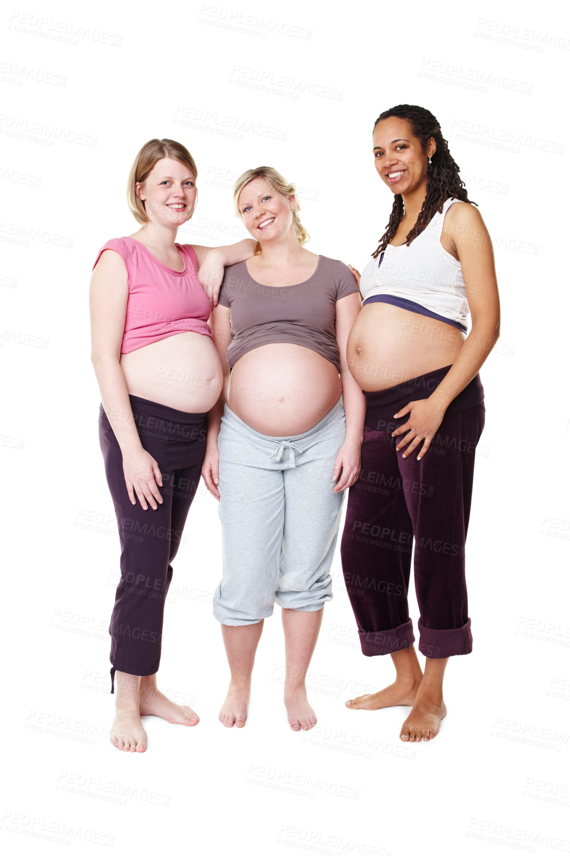 Buy stock photo Pregnant, happy and diversity women pregnancy portrait, mother to be with wellness success smile with white background in studio. Support, maternity and friends with pilates, health or yoga clothes