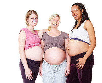 Buy stock photo Pregnant girl friends, pregnancy and future mother friend support group with a happy smile. Portrait of mothers showing diversity and their stomach with woman empowerment, happiness and trust