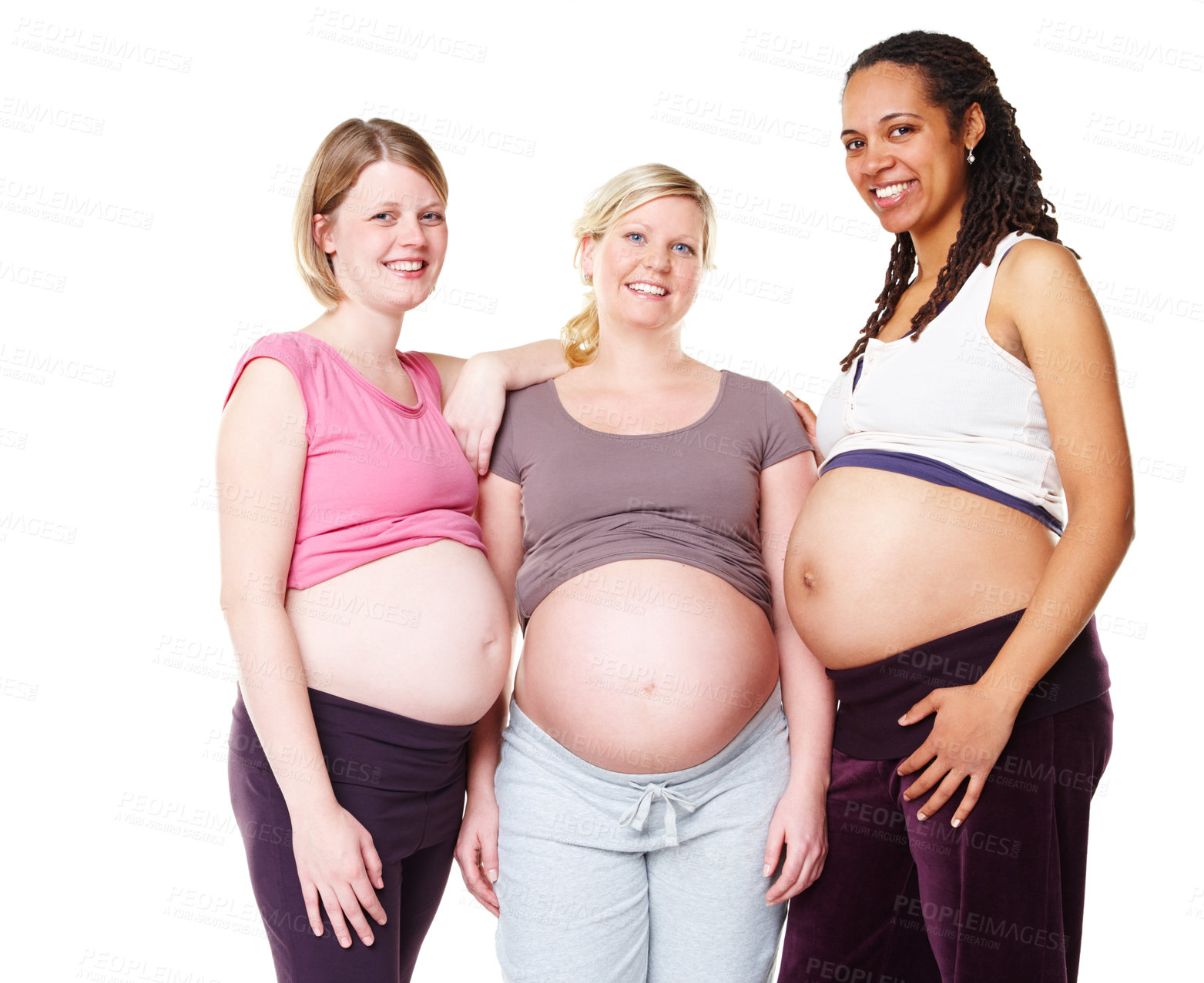 Buy stock photo Pregnant girl friends, pregnancy and future mother friend support group with a happy smile. Portrait of mothers showing diversity and their stomach with woman empowerment, happiness and trust