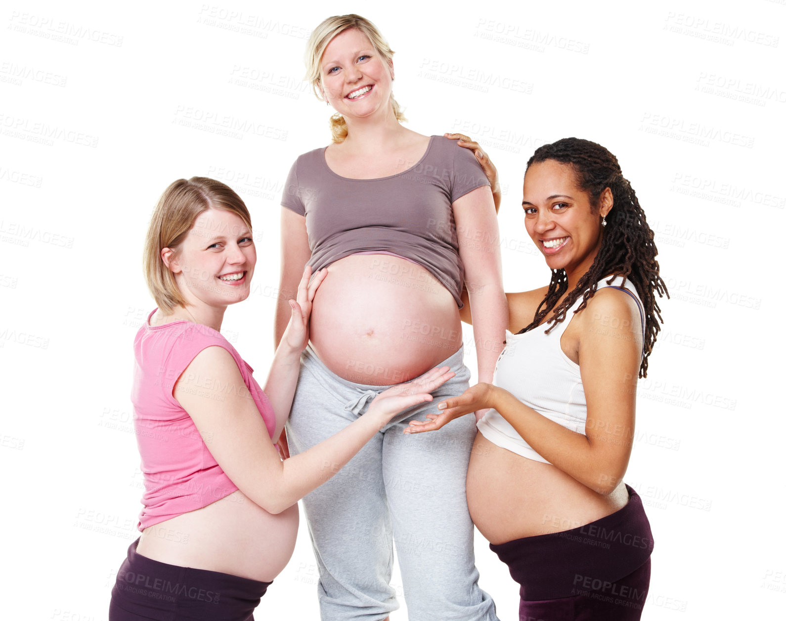 Buy stock photo Pregnant, friends and woman with hands on stomach of pregnancy wellness female against a white background. Support, hope and diversity portrait of women showing healthy abdomen of happy mother