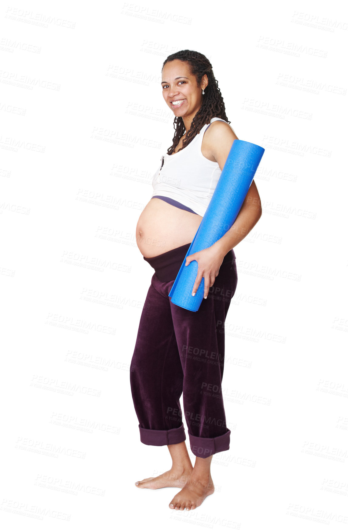 Buy stock photo Pregnant, happy and yoga woman in portrait shows pregnancy, healthcare and wellness for her baby. Pilates, fitness and spiritual mother to be with a smile, mat and big stomach in studio for exercise