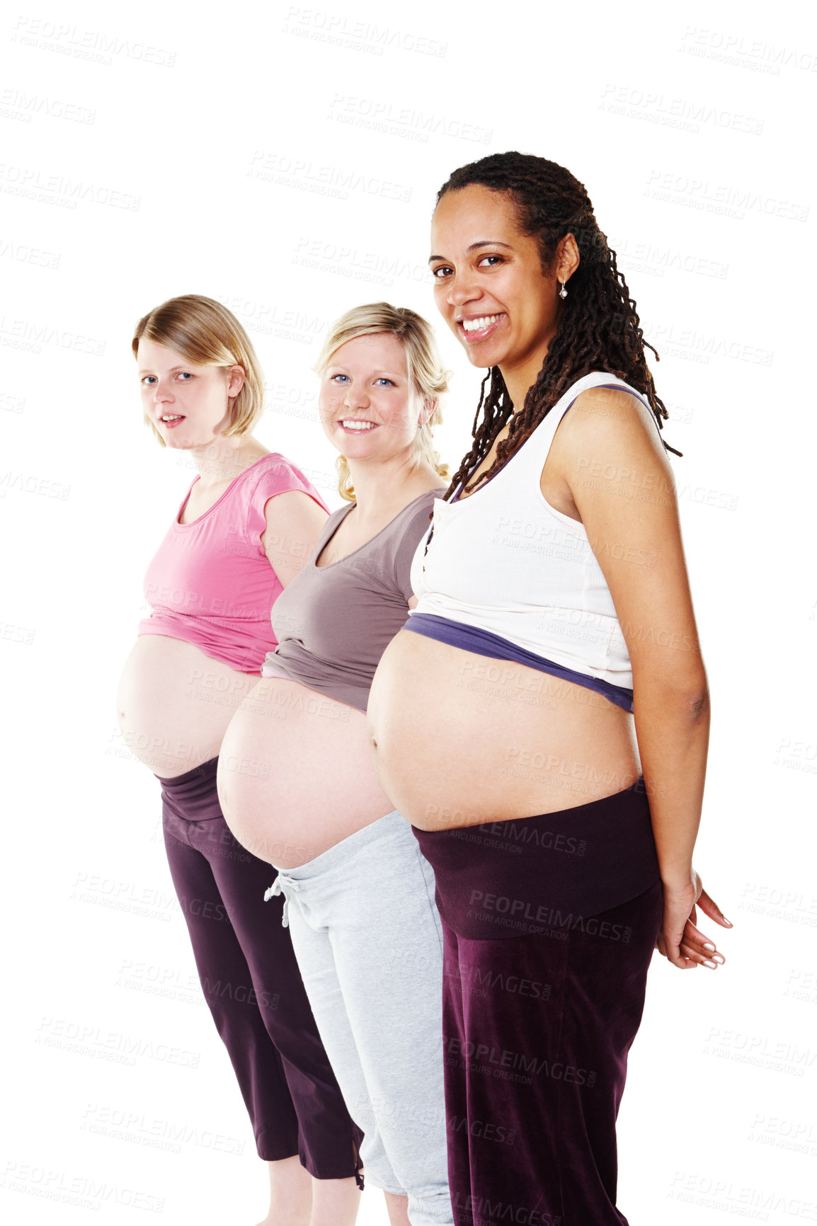 Buy stock photo Pregnant group of women in row with belly, stomach and tummy showing for maternity, healthcare and motherhood against a white studio background. Portrait of diversity community of excited happy moms 