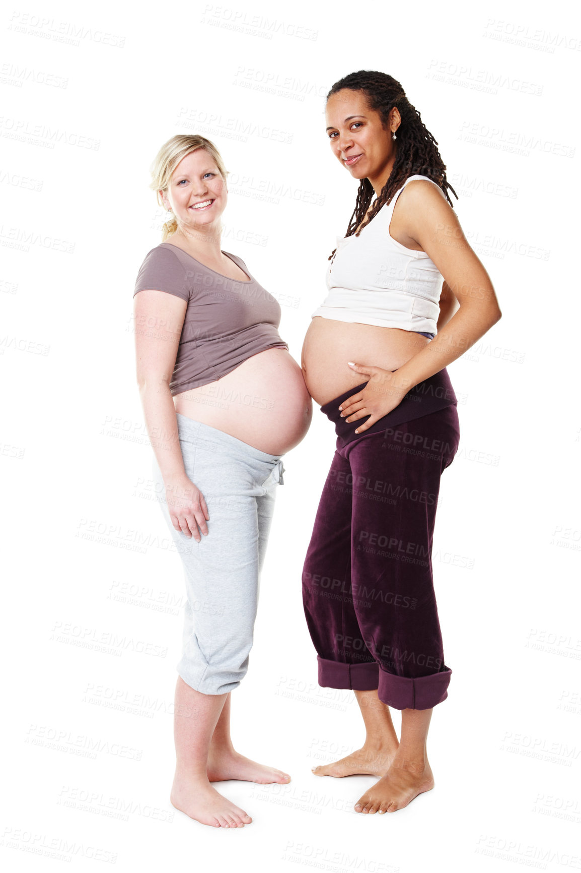 Buy stock photo Friends, growth and happy pregnant women standing together stomach touching. Diversity, fertility and community, hope for future generation. Happiness for mom, the gift of motherhood in ivf pregnancy