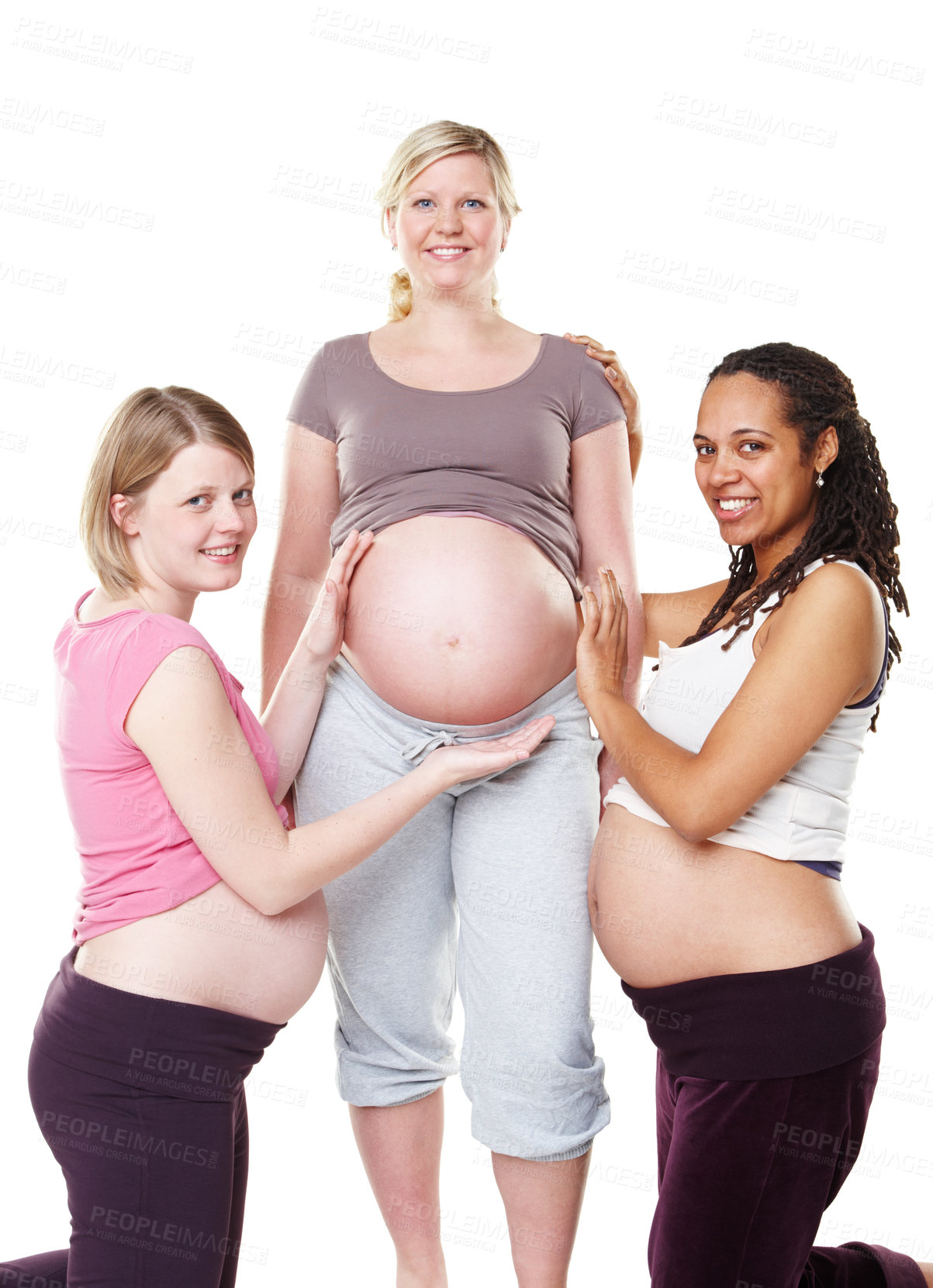 Buy stock photo Pregnant, portrait and woman friends with studio background mockup for maternity photography. Mother, friendship and happy ladies smiling while holding growing and healthy pregnancy belly.