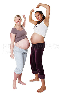Buy stock photo Pregnant, women and happy friends, child birth or hope for motherhood on white studio background. Portrait, pregnancy and female stress relief with a smile expecting healthy baby, children or kids


