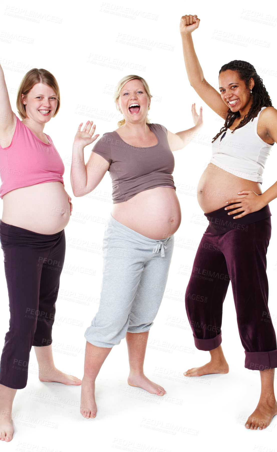 Buy stock photo Happy pregnant and diversity women in studio or pregnancy portrait, mother to be with wellness success smile, white background mockup. Excited mom group friends with happiness and joy for baby birth