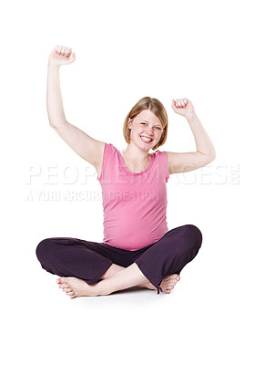 Buy stock photo Woman with happy smile on floor, pregnant while celebration in studio mockup white background. Portrait of healthy mother with pregnancy and cheerful for baby health while looking joyful and excited