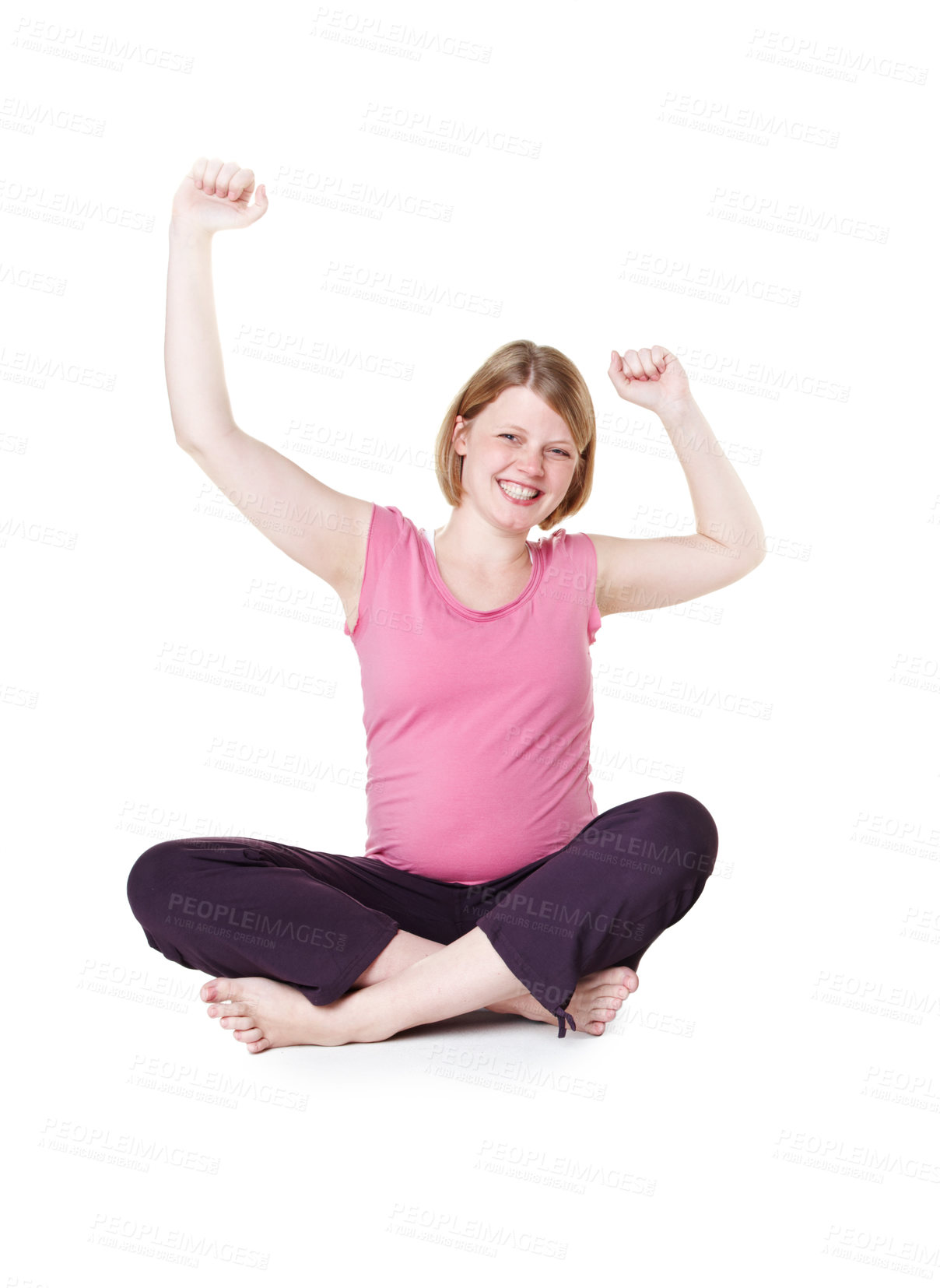 Buy stock photo Woman with happy smile on floor, pregnant while celebration in studio mockup white background. Portrait of healthy mother with pregnancy and cheerful for baby health while looking joyful and excited