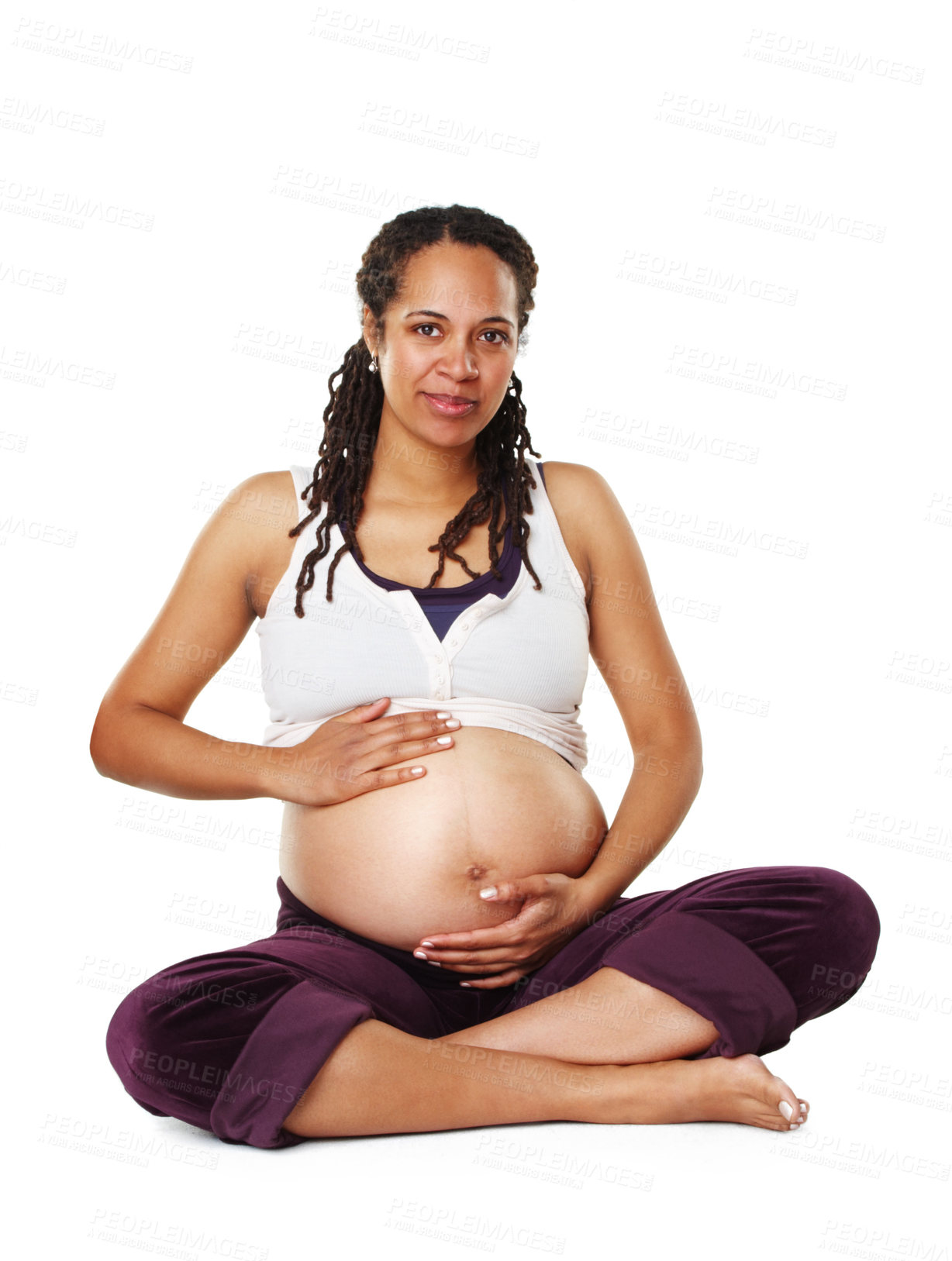 Buy stock photo Pregnant woman, portrait and floor for yoga in studio, smile or hands on belly by white background. Person, mother or wellness club for pregnancy with stomach, pride or connection to child for growth