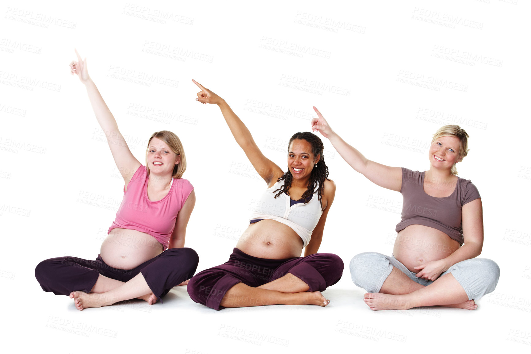 Buy stock photo Friends, women and pregnant on white background with pointing for solidarity, healthy and happy in portrait. Female people, studio and together with hand gesture for pregnancy, support with diversity