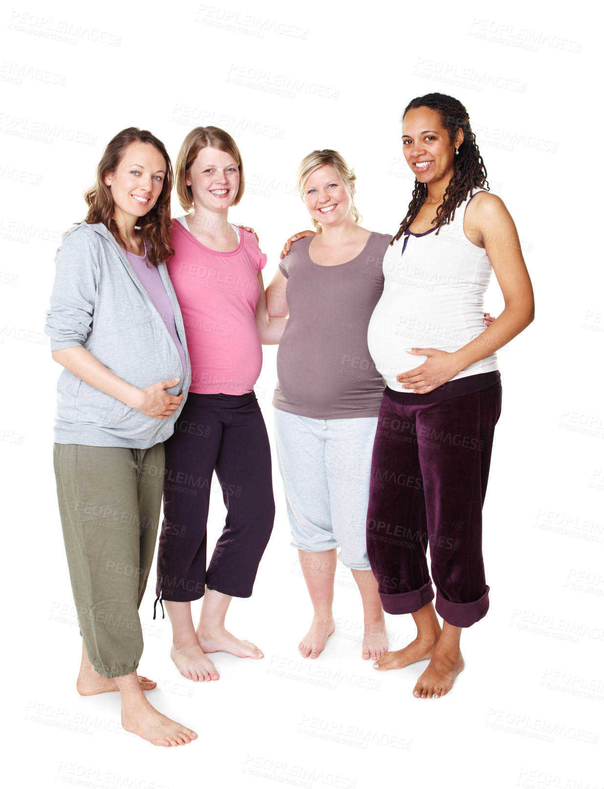 Buy stock photo Pregnant friends standing together while isolated on white