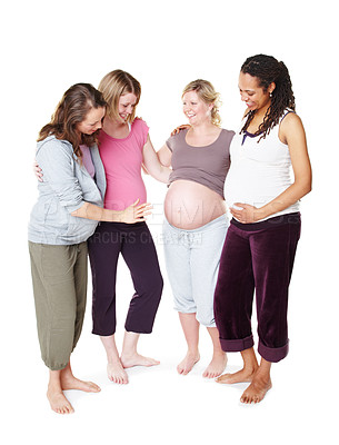 Buy stock photo Pregnant, friends and support group community for multicultural women with mothers to be against white studio background. Health, wellness and pregnancy journey of happy, healthy and diverse women