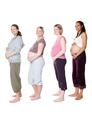 Buy stock photo Portrait, pregnancy and group of women in studio for support, wellness and care or love. Community, friends and happy mothers by white background for development, health and growth for children