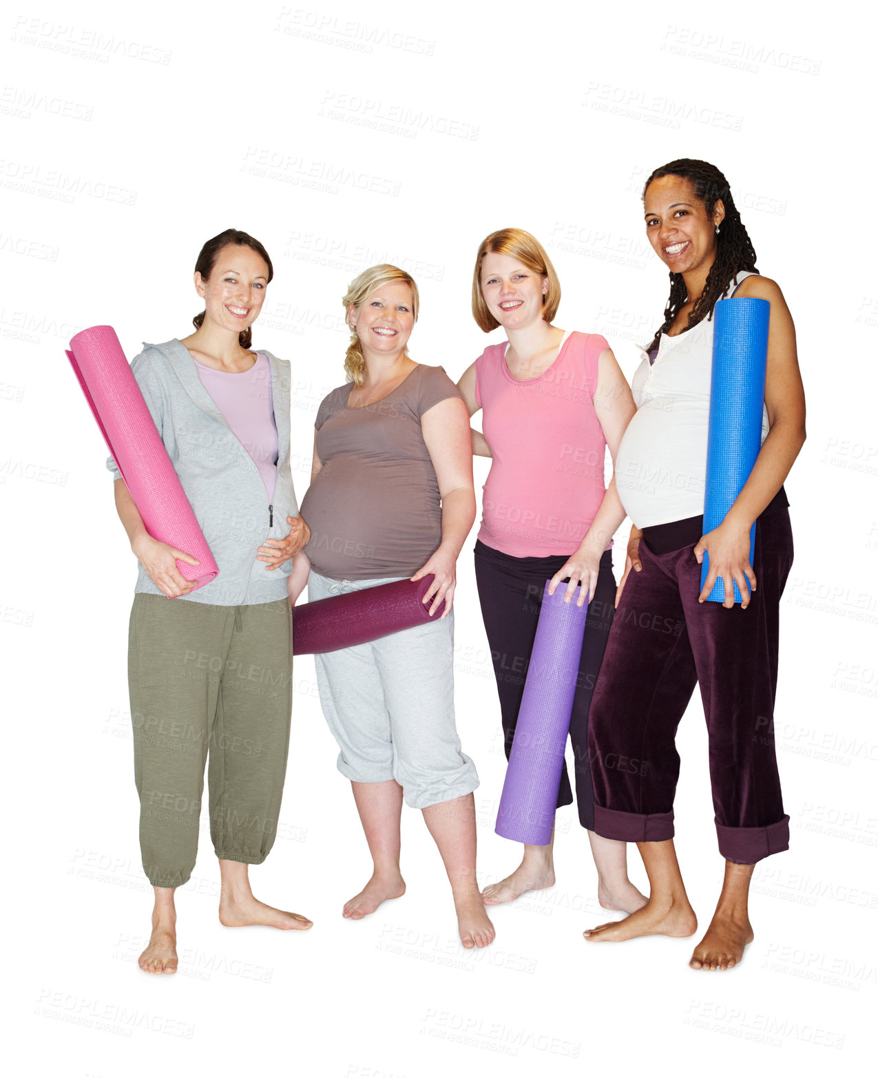 Buy stock photo Pregnant woman, group and portrait on studio with yoga mat, smile or solidarity by white background. People, mother or wellness club for pregnancy with diversity, happy and connection with support