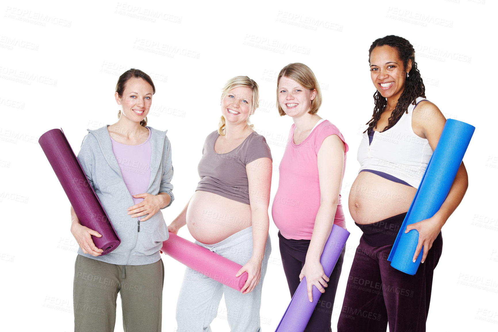 Buy stock photo Pregnant women, group and portrait on studio for yoga, smile or solidarity by white background. People, mother or wellness club with mat for pregnancy with diversity, happy or connection with support