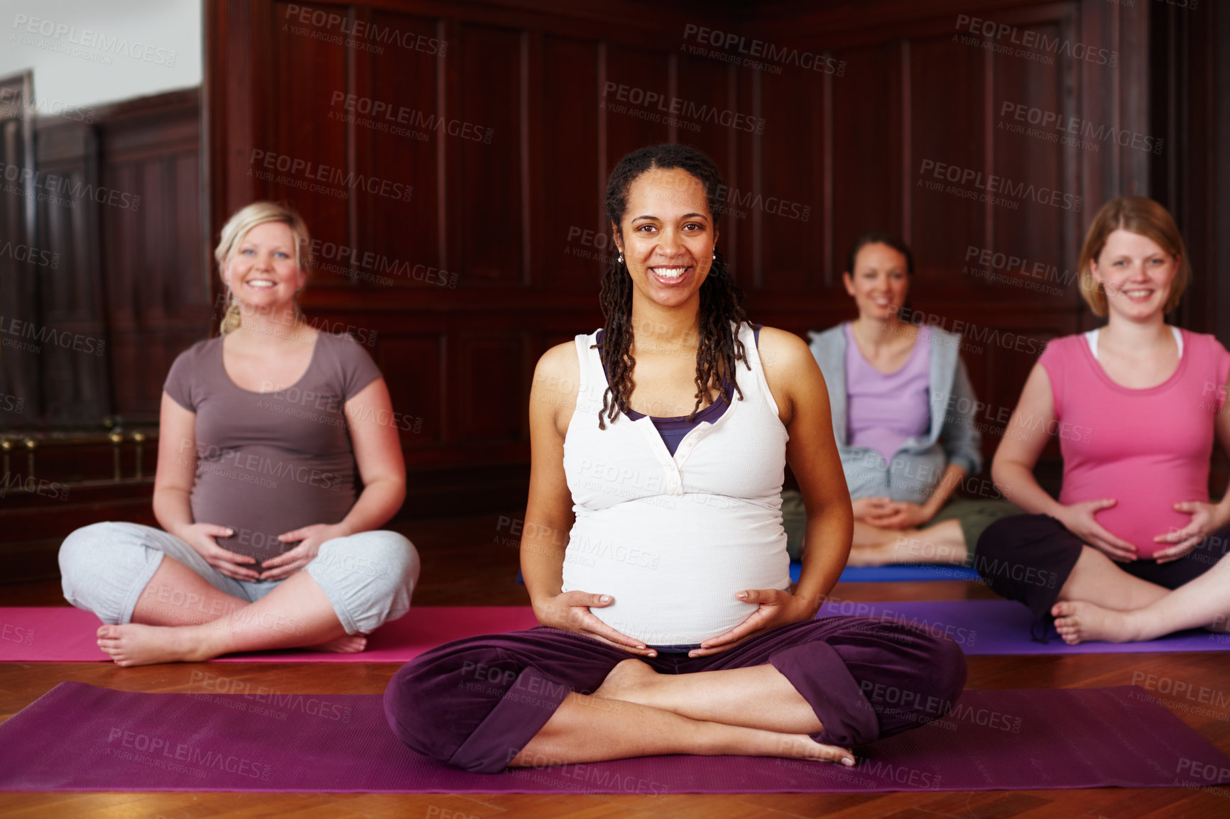 Buy stock photo Portrait of happy pregnant women in yoga with leader or teacher teaching in training or class for fitness and meditation. Pilates exercise or workout with group for pregnancy wellness and health body