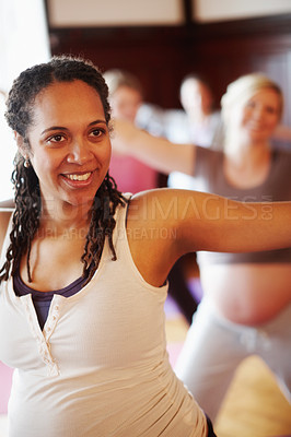 Buy stock photo Pregnant, woman and stretching in yoga with exercise for mental health, reduce stress and happy. Maternity pilates, people and holistic wellness in class for prenatal care, balance and flexibility