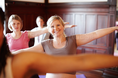 Buy stock photo Portrait women smile and happy in yoga fitness practice in a health and wellness studio. Pilates training or exercise  for body fitness and calm mind with meditation workout in class to stay healthy 