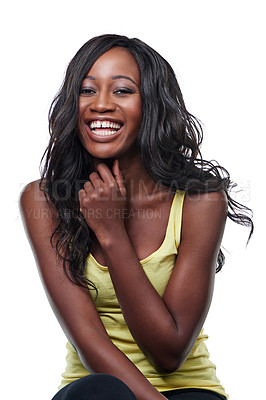 Buy stock photo Portrait, hair care and black woman with smile, wellness and grooming isolated on white studio background. African person, face or girl with keratin or treatment with shine or glow with healthy skin