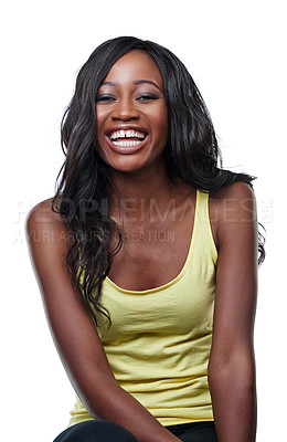 Buy stock photo Portrait, hair care and black woman with growth, excited and shine isolated on white studio background. African person, face and girl with keratin and grooming with glow and aesthetic with treatment