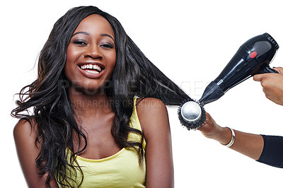 Buy stock photo Portrait, smile and black woman with hair care, tool and grooming with girl isolated against a white studio background. Face, female person and girl with cosmetics equipment and treatment for volume