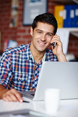 Buy stock photo Phone call, man and smile in office, portrait and real estate agent with communication and contact. Businessman, talking and conversation of realtor, happy and mobile for employee and corporate