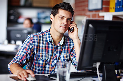 Buy stock photo Business, phone call and man with a computer, planning and connection with conversation in the workplace. Male person, employee and consultant with a pc, technology and smartphone for communication