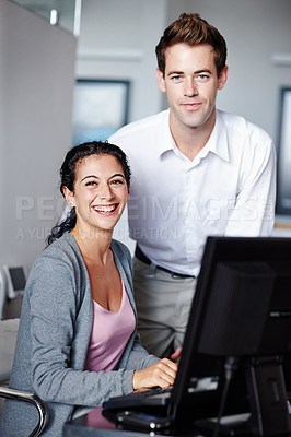 Buy stock photo Business, people and computer in office for portrait, company and meeting with employee collaboration. Happy, online report and teamwork for research, planning project and workplace together