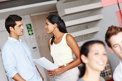 Buy stock photo Team, paper and talk in office for planning, budget and business proposal or report. Accounting firm, people and discussion with document for contract renewal, finance agreement and statement review