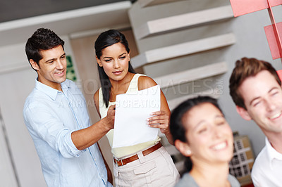 Buy stock photo Team, paper and talk in office for feedback, budget or business proposal or report. Accounting firm, people or discussion with document for contract review, finance agreement or statement information