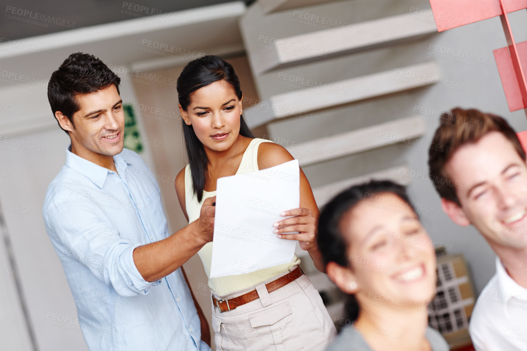 Buy stock photo Team, paper and talk in office for feedback, budget or business proposal or report. Accounting firm, people or discussion with document for contract review, finance agreement or statement information
