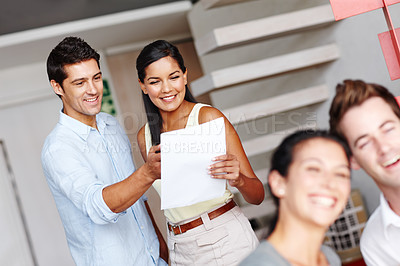 Buy stock photo Team, report or talk in office for feedback, budget or business proposal or checklist. Accounting firm, people or discussion with paper for contract review, finance agreement or statement information