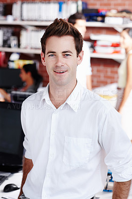 Buy stock photo Accounting, investment and portrait of business man in office for audit, finance or wealth management. Bookkeeping, face and money with happy accountant in workplace for payroll or tax reporting