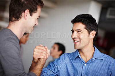 Buy stock photo Handshake, business men and happy in office with achievement for deal, B2B agreement or partnership. Media agency, professional and employees shaking hands for promotion, meeting or goal success