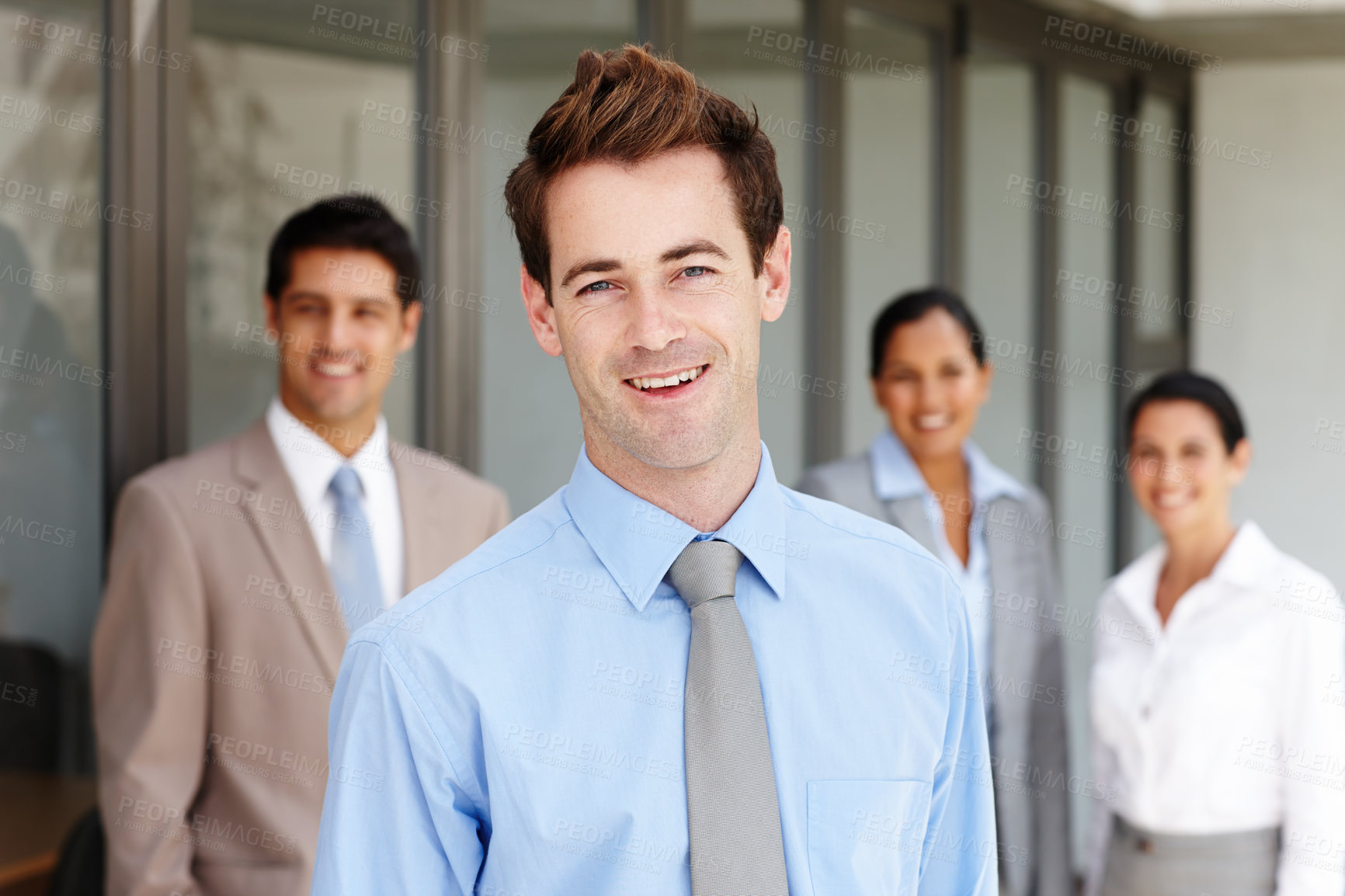Buy stock photo Portrait, happy man and team in office for leadership, support and business meeting in agency. Management, architect and career in creative company with collaboration and people or pride for group  