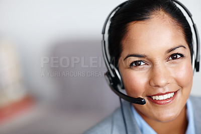 Buy stock photo Woman, portrait and smiling with headset in call centre, help desk and tech support for customer care. Consultant, telemarketing and space or inbound, agent and microphone for virtual discussion
