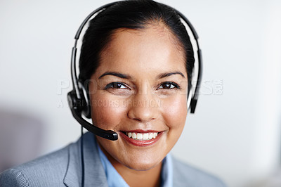 Buy stock photo Woman, portrait and happy with headset in call center, help desk and tech support or customer care. Consultant, telemarketing and online or inbound sales, agent and microphone for virtual discussion
