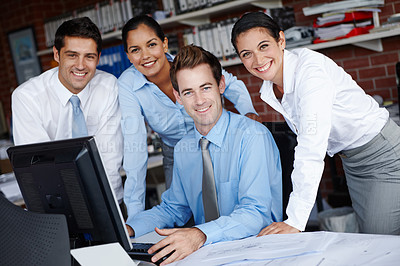 Buy stock photo Teamwork, portrait and project with business people in office for finance planning, support or corporate. Presentation, meeting and community development for accountants with staff and entrepreneur