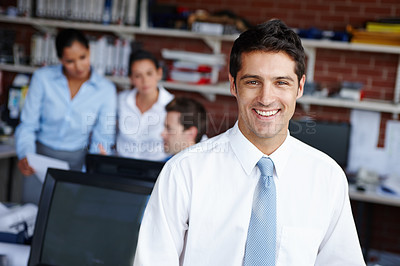 Buy stock photo Portrait, manager and smile of business man in office for coworking, career and job at workplace. Face, entrepreneur and professional software engineer, web developer or employee working with team