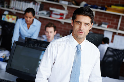 Buy stock photo Portrait, manager and confident business man in office for coworking, career and job at work. Face, entrepreneur and professional financial consultant, expert or employee working with team in company