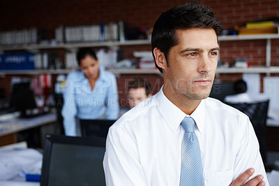 Buy stock photo Thinking, business and man with pride in office with mission, ambition and experience for career opportunity. Professional, male person and finance consultant, development ideas or corporate growth