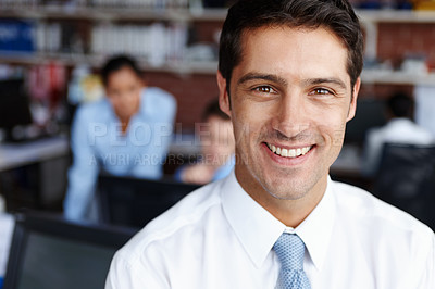 Buy stock photo Portrait, manager and happy business man in office for coworking, career and job at workplace. Face, confident leader and professional insurance agent, expert or employee working with team in company