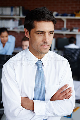 Buy stock photo Thinking, manager and business man with arms crossed in office for decision, problem solving and solution. Planning future, confidence and vision for mindset, inspiration and professional insight