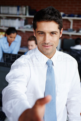 Buy stock photo Business, man and handshake portrait in office, employee and welcome greeting or thank you in corporate workplace. Trust, support and hiring for company meeting, smile and happy for onboarding