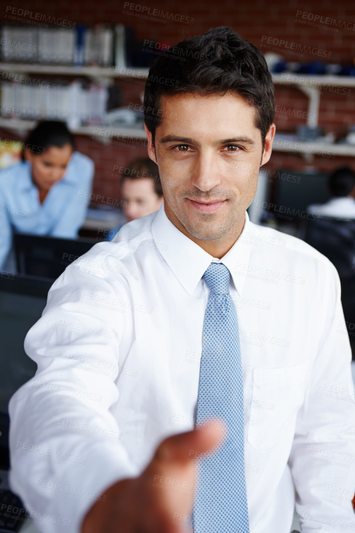 Buy stock photo Business, man and handshake portrait in office, employee and welcome greeting or thank you in corporate workplace. Trust, support and hiring for company meeting, smile and happy for onboarding