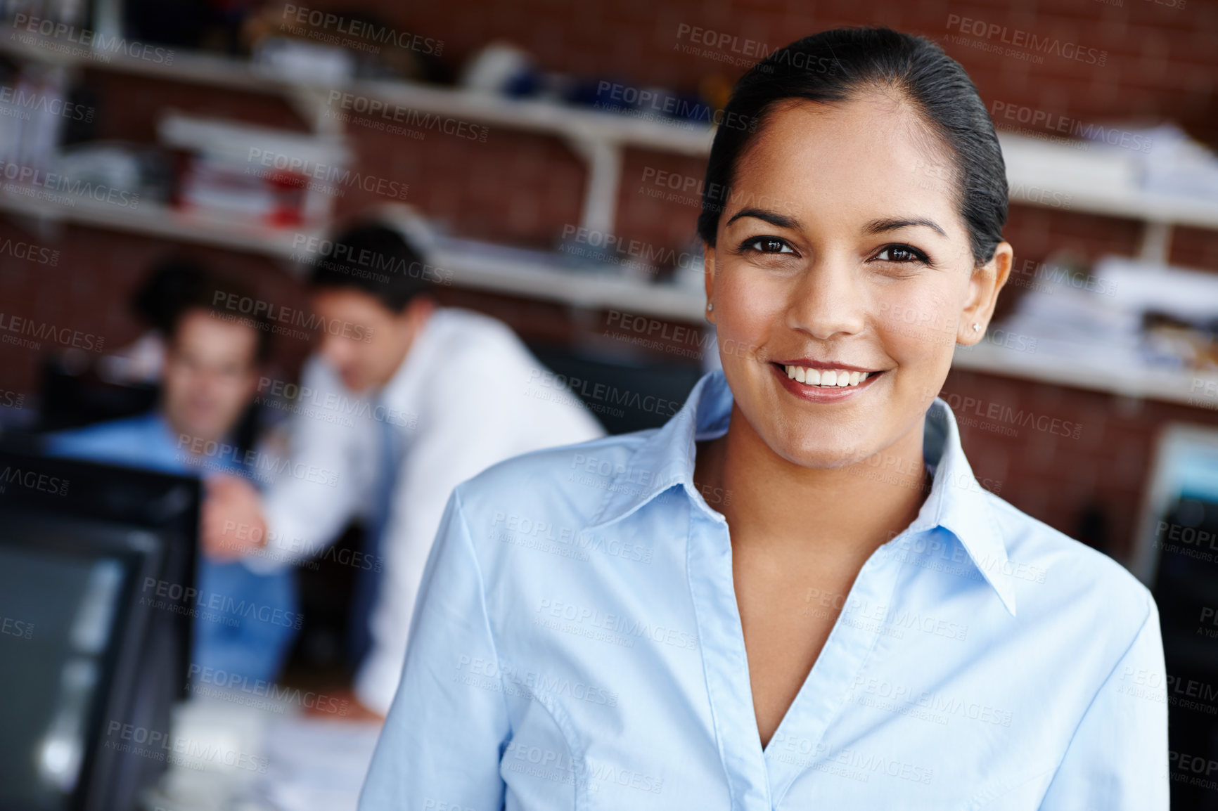 Buy stock photo Accounting, administration and finance with portrait of woman in office on bank for wealth management. Bookkeeping, face and smile with happy accountant in business workplace for financial investment