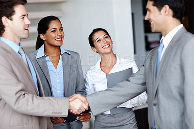 Buy stock photo Business, people and handshake in teamwork office, employee and welcome greeting or thank you in workplace. Collaboration, support and hiring for company meeting, smile and happy for onboarding
