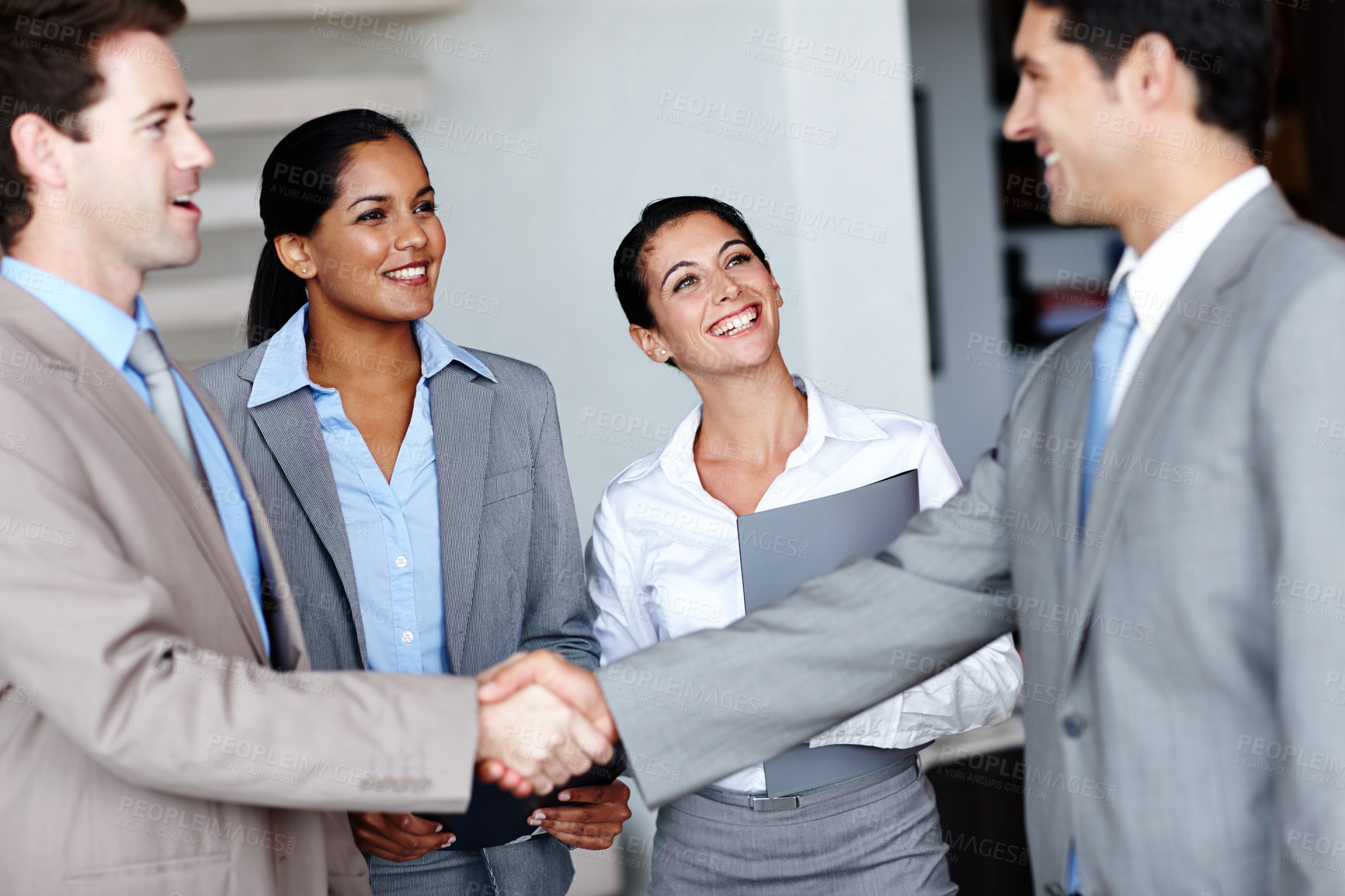 Buy stock photo Business, people and handshake in teamwork office, employee and welcome greeting or thank you in workplace. Collaboration, support and hiring for company meeting, smile and happy for onboarding
