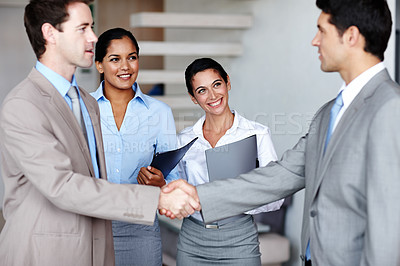 Buy stock photo Business, people and hand shake in teamwork office, employee and welcome greeting or thank you in workplace. Collaboration, support and hiring for company meeting, smile and happy for onboarding
